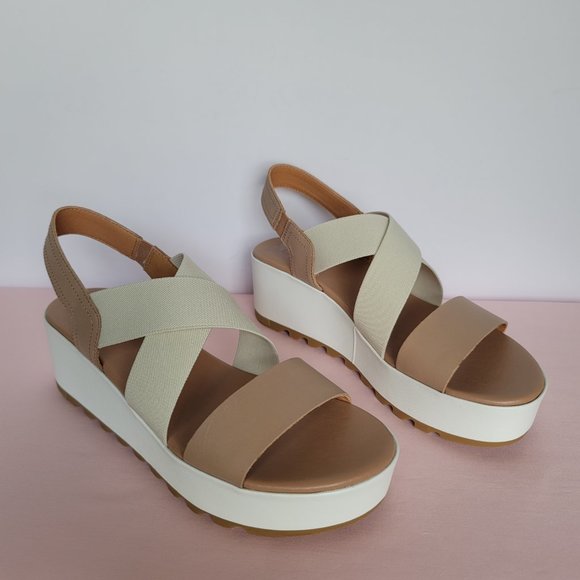 SOREL Cameron Flatform Slingback Leather/Fabric Sandals-Honest Beige/Chalk Size9 - Picture 4 of 16